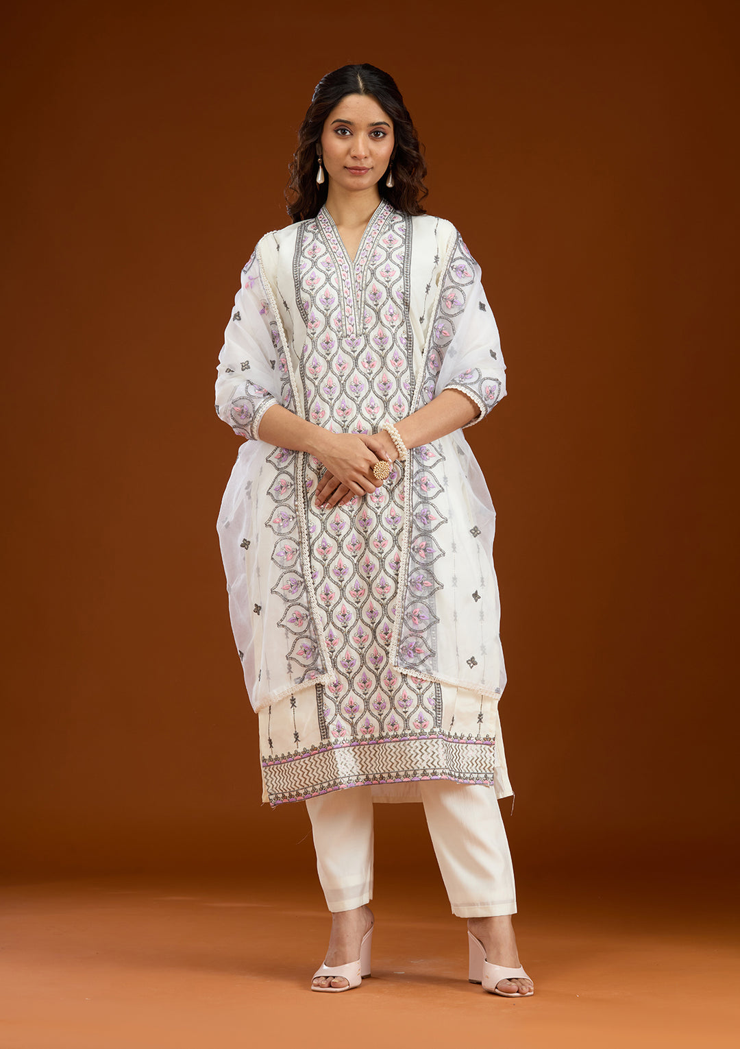 Cream Threadwork Semi Crepe Readymade Salwar Suit