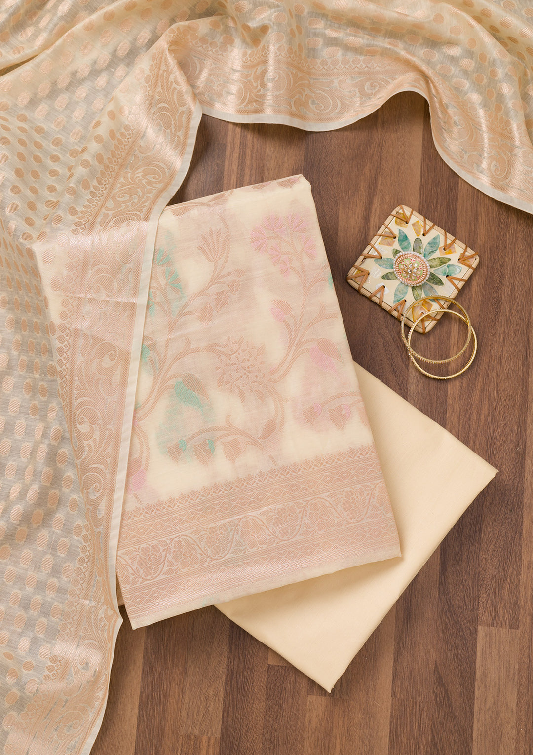 Cream Zariwork Banarasi Unstitched Salwar Suit