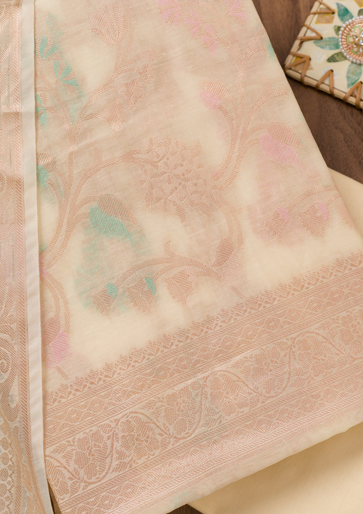 Cream Zariwork Banarasi Unstitched Salwar Suit