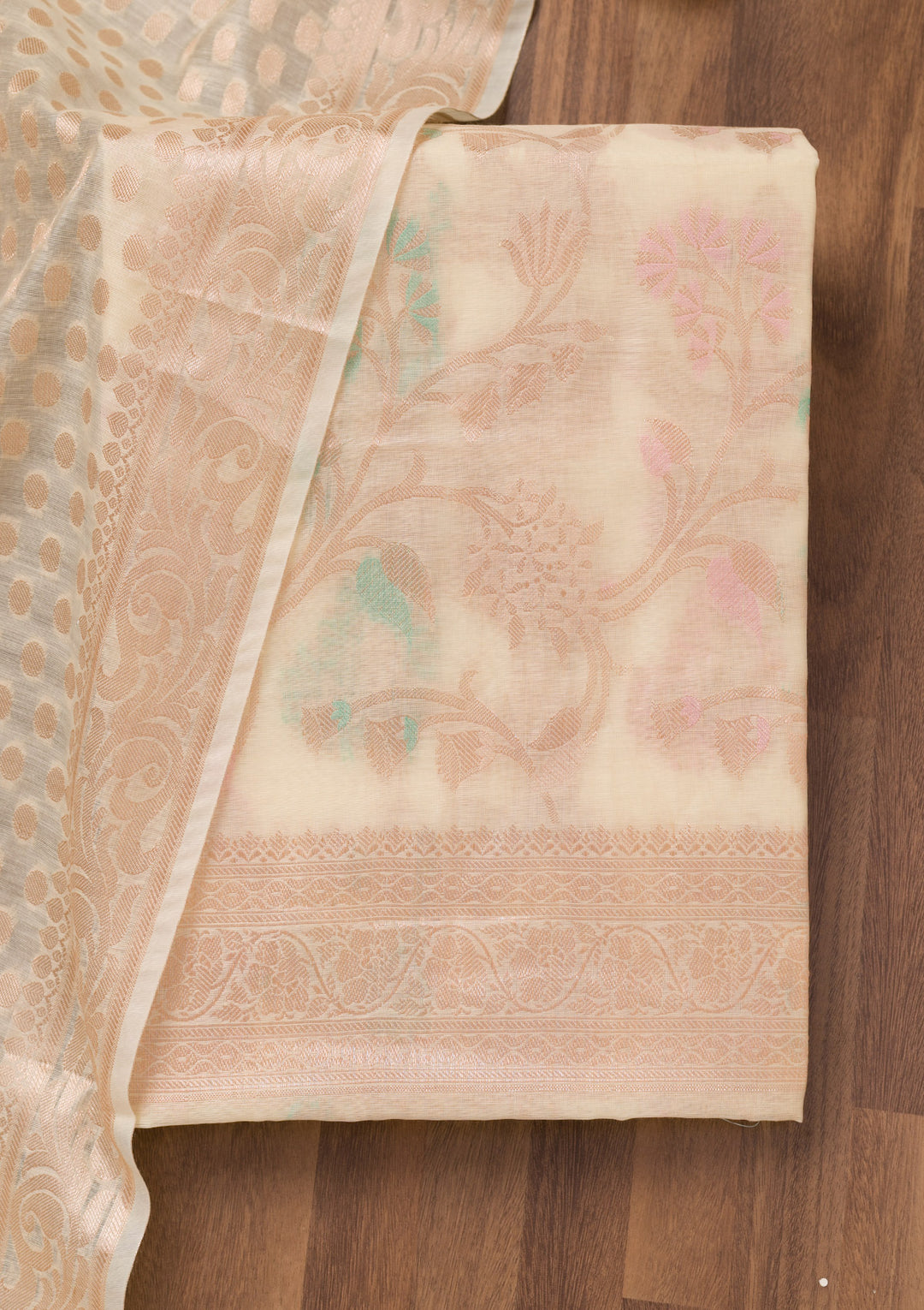 Cream Zariwork Banarasi Unstitched Salwar Suit