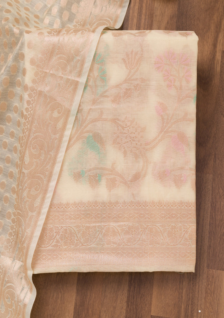 Cream Zariwork Banarasi Unstitched Salwar Suit