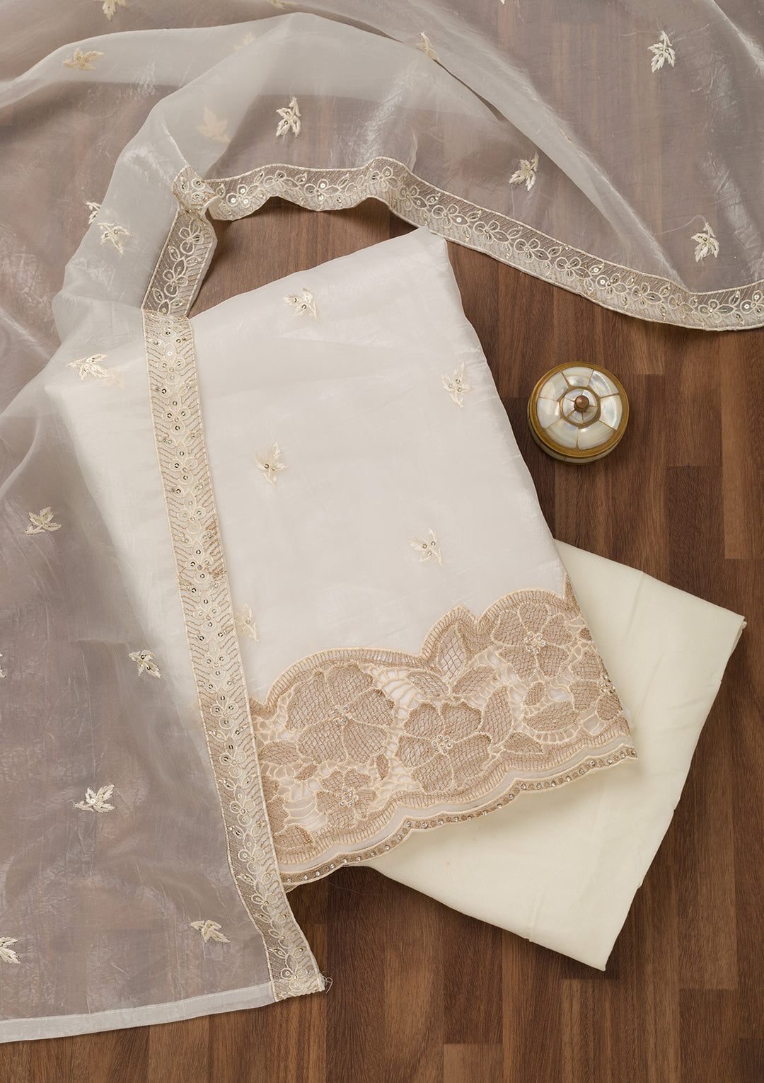 Cream Zariwork Semi Crepe Unstitched Salwar Suit
