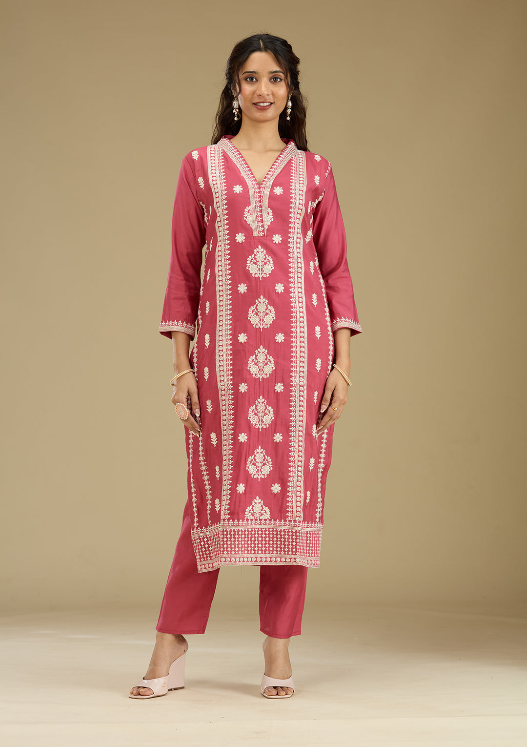 Dark Onion Pink Threadwork Semi Crepe Readymade Salwar Suit