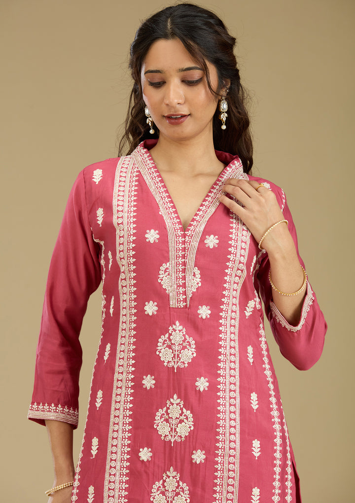 Dark Onion Pink Threadwork Semi Crepe Readymade Salwar Suit