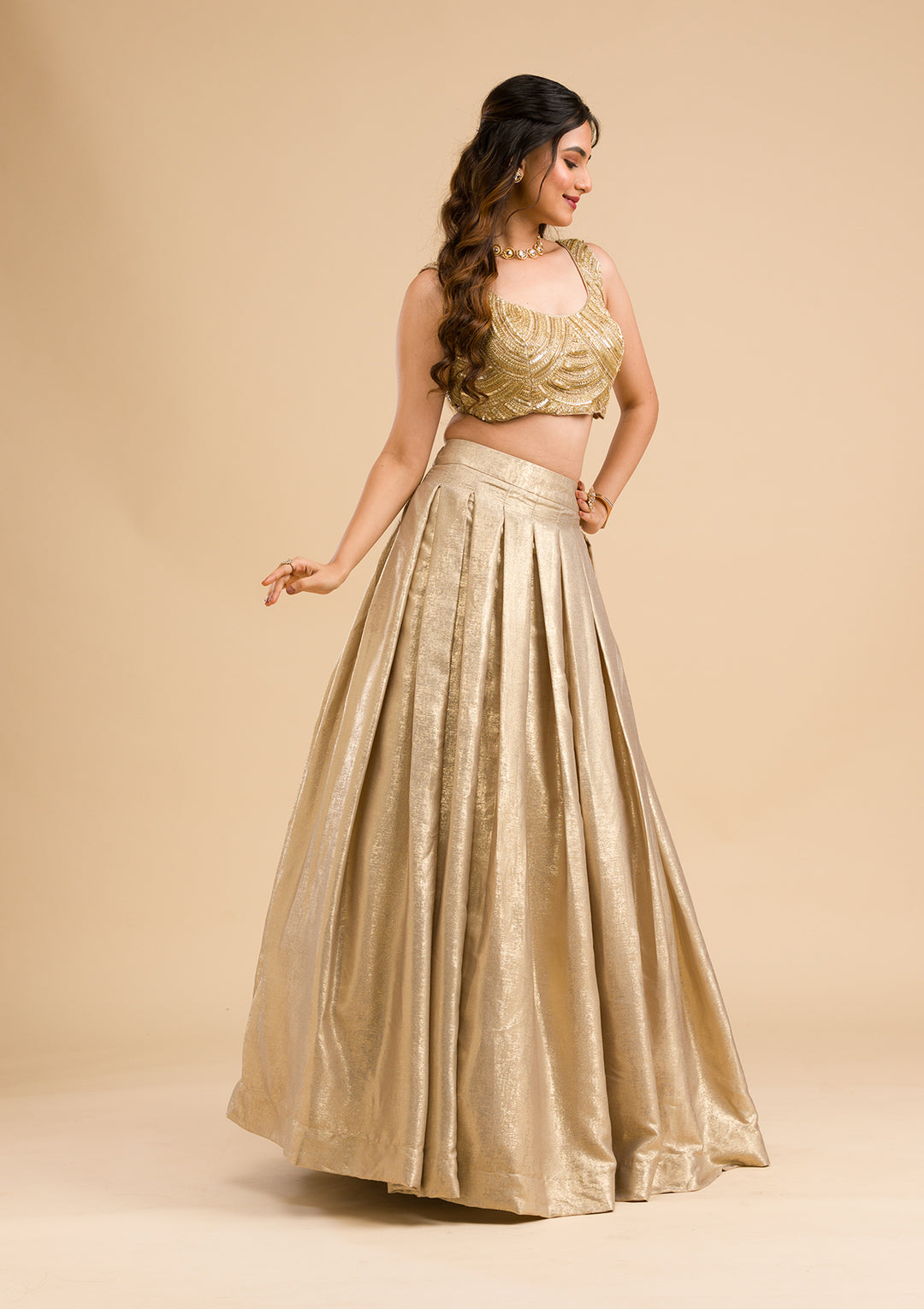 Gold Cutdana Shimmer Readymade Lehenga