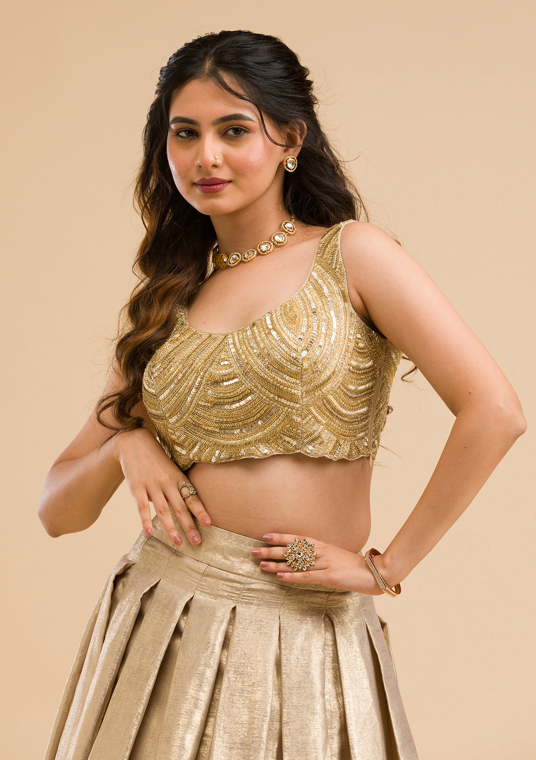 Gold Cutdana Shimmer Readymade Lehenga