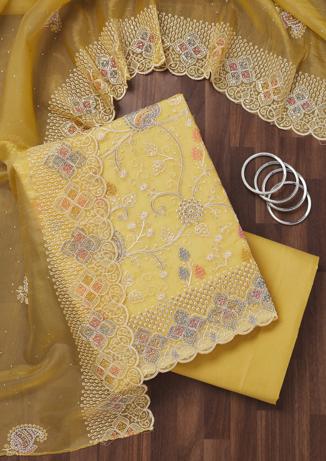 Lemon Yellow Zariwork Semi Crepe Unstitched Salwar Suit