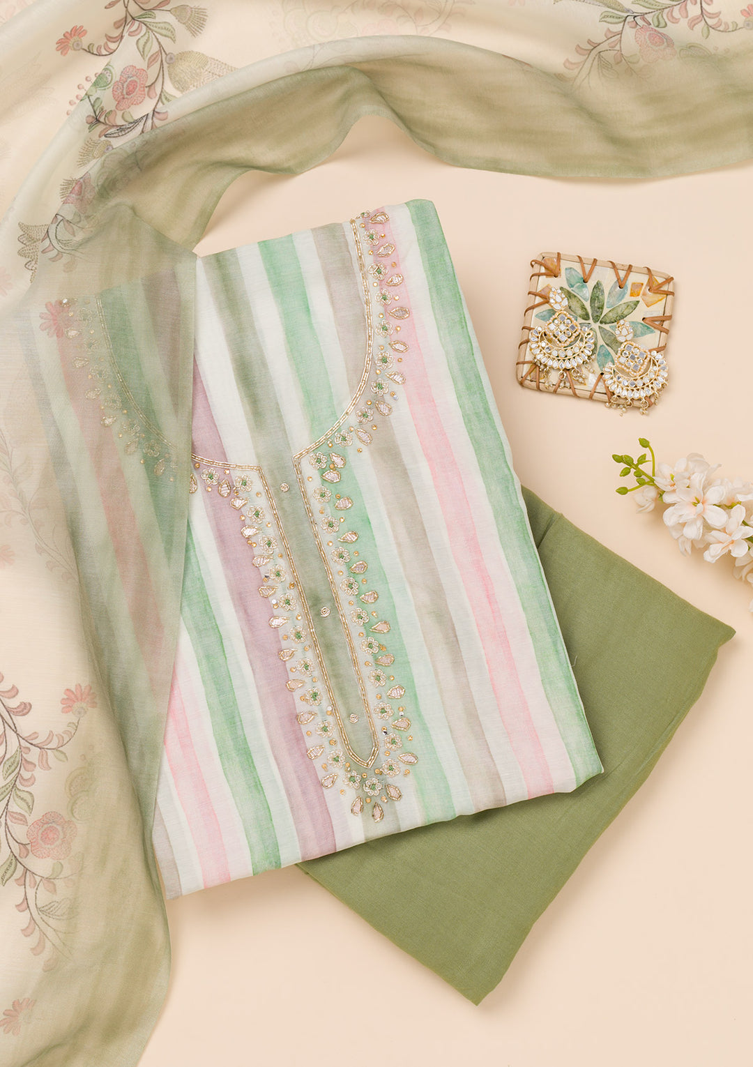 Green Printed Tissue Unstitched Salwar Suit