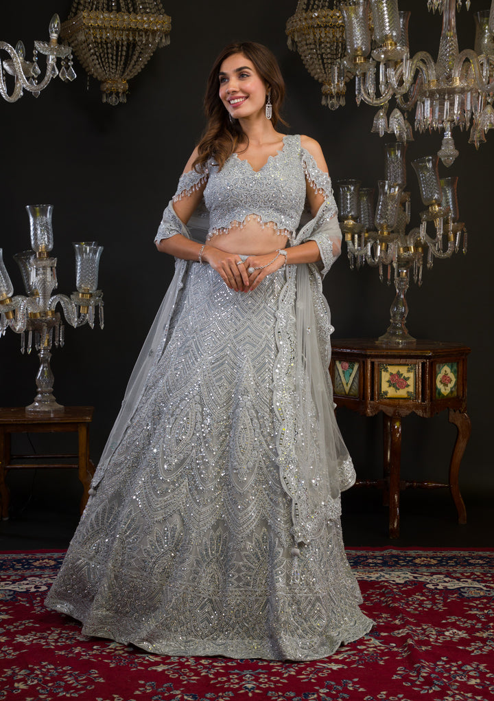 Grey Mirrorwork Net Readymade Lehenga