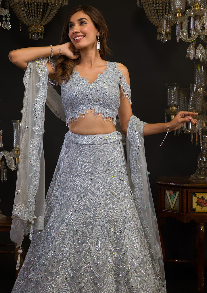 Grey Mirrorwork Net Readymade Lehenga