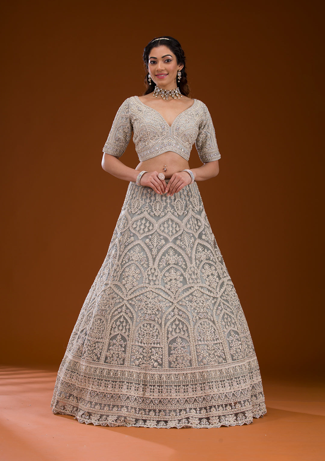 Grey Pearlwork Net Readymade Lehenga