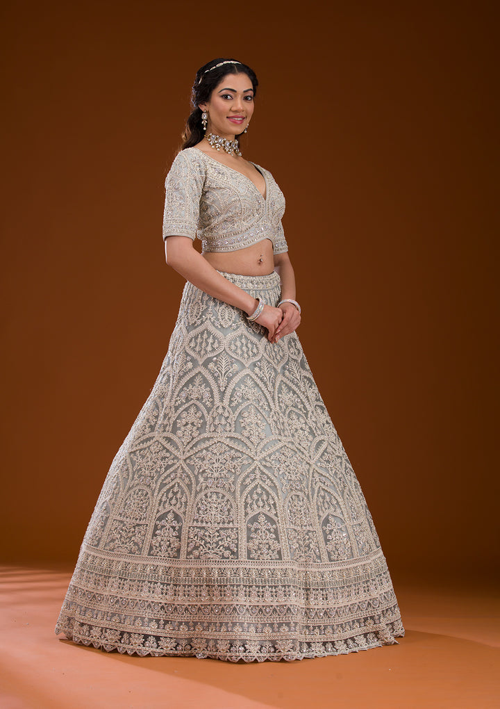 Grey Pearlwork Net Readymade Lehenga