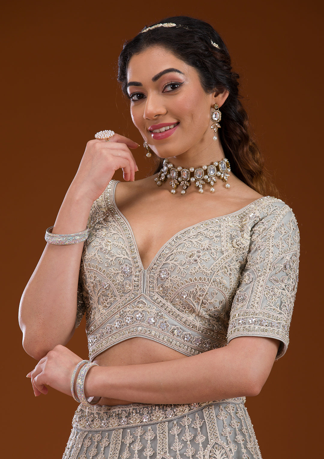 Grey Pearlwork Net Readymade Lehenga