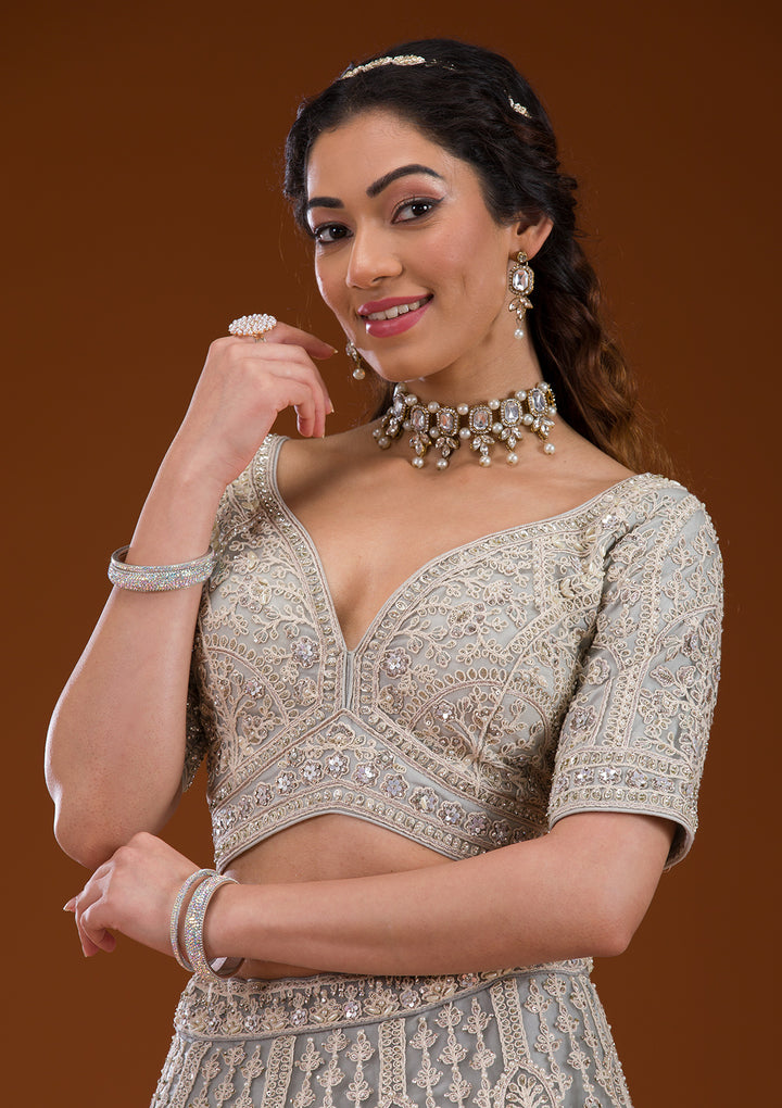 Grey Pearlwork Net Readymade Lehenga