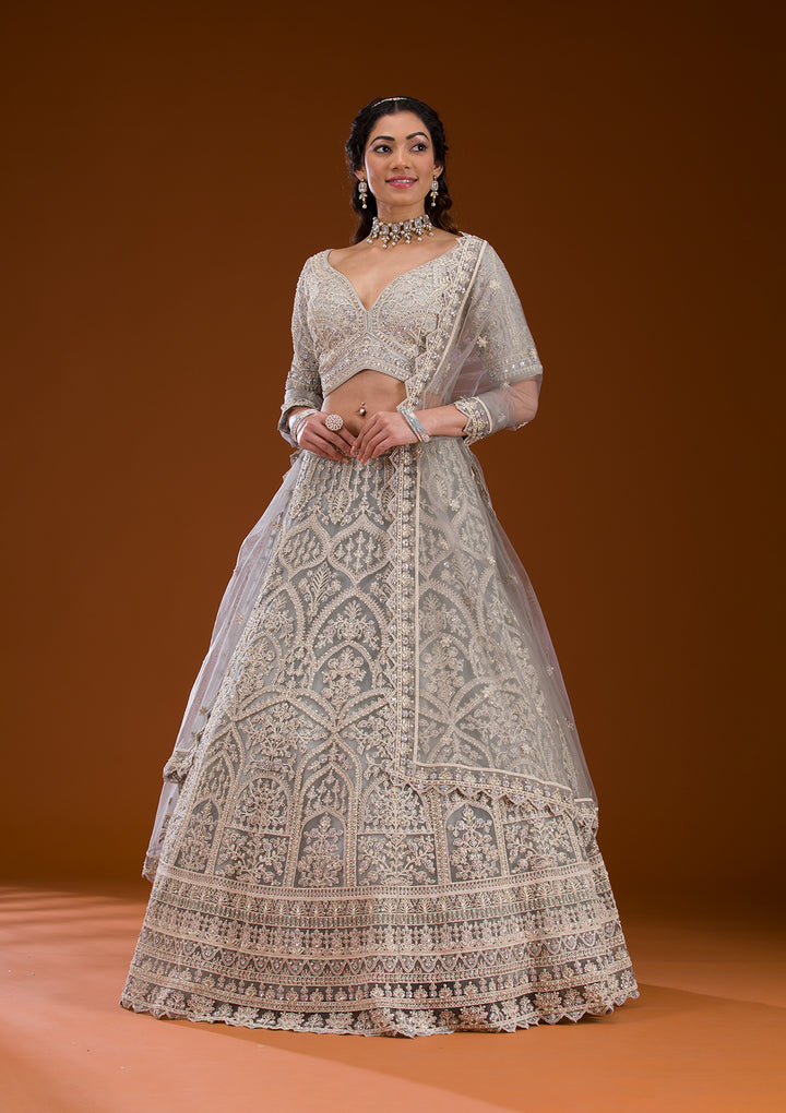 Grey Pearlwork Net Readymade Lehenga