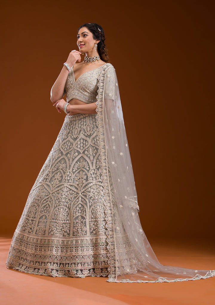 Grey Pearlwork Net Readymade Lehenga