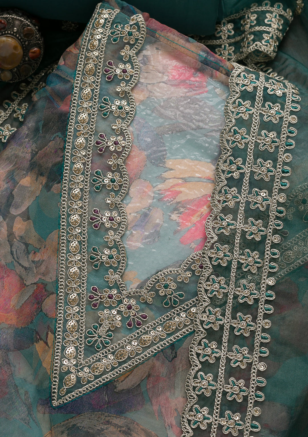 Grey Printed Organza Unstitched Salwar Suit