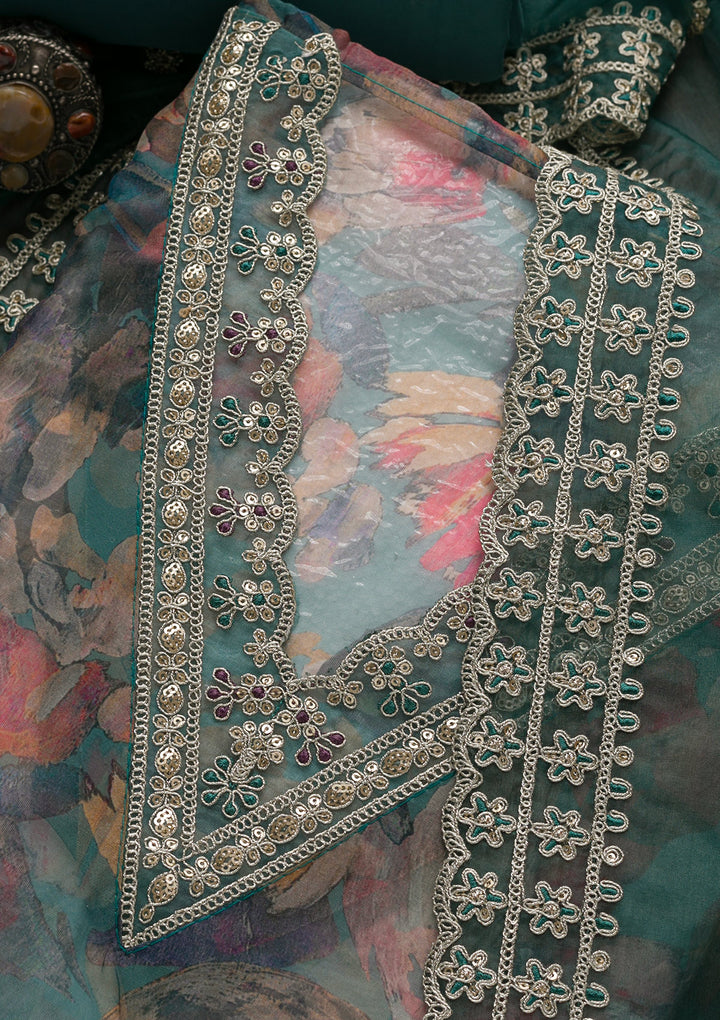 Grey Printed Organza Unstitched Salwar Suit