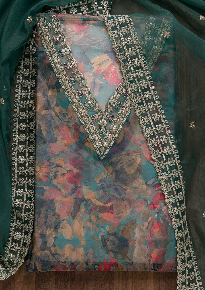 Grey Printed Organza Unstitched Salwar Suit