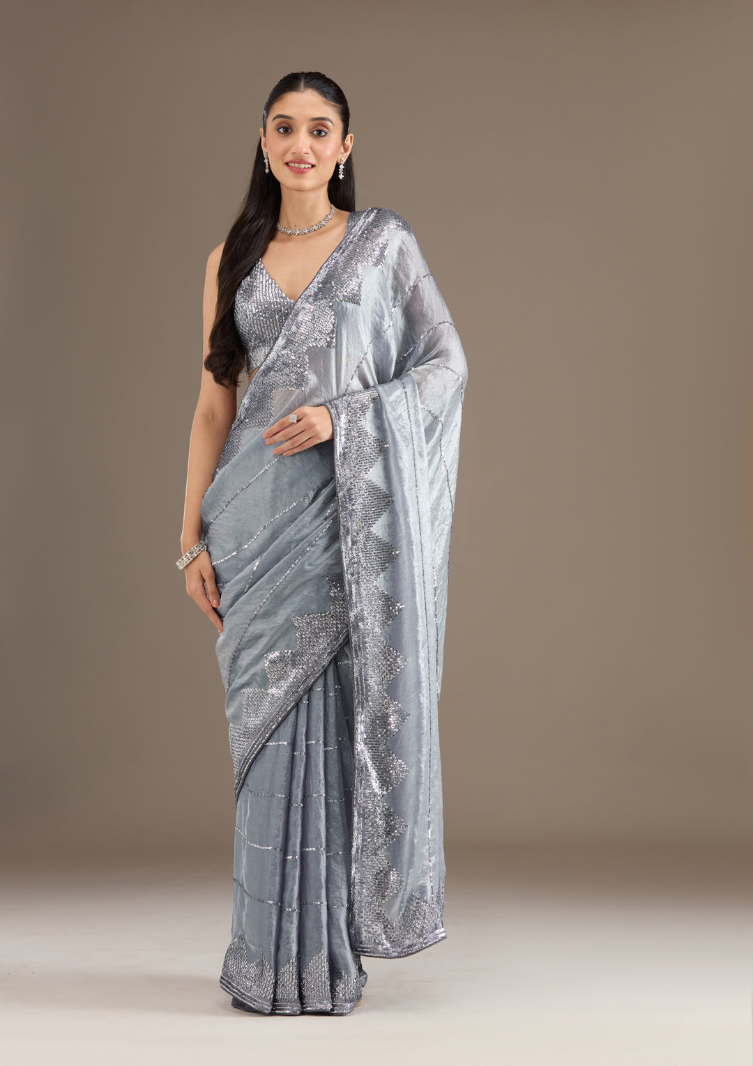 Grey Sequins Tissue Saree