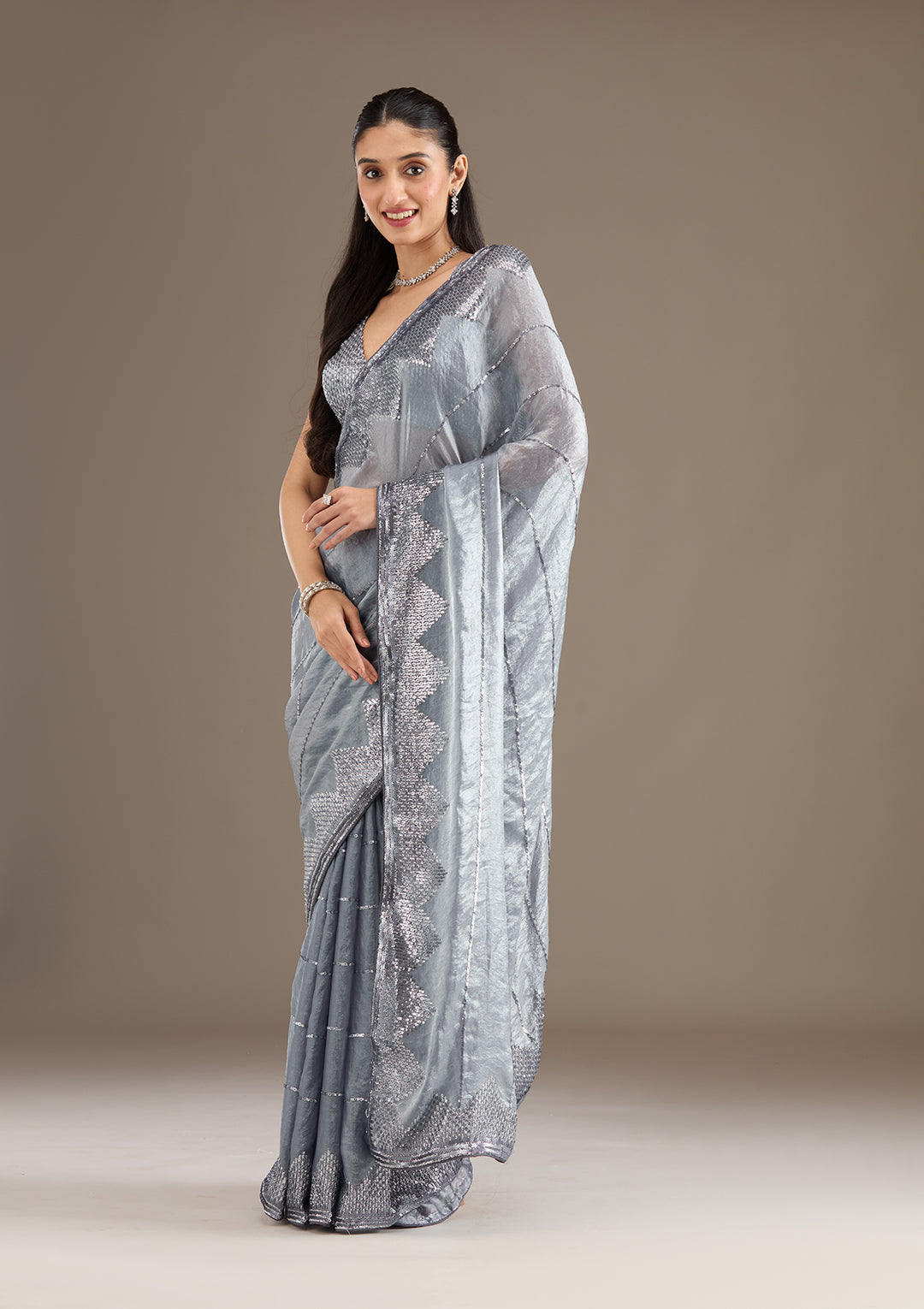 Grey Sequins Tissue Saree