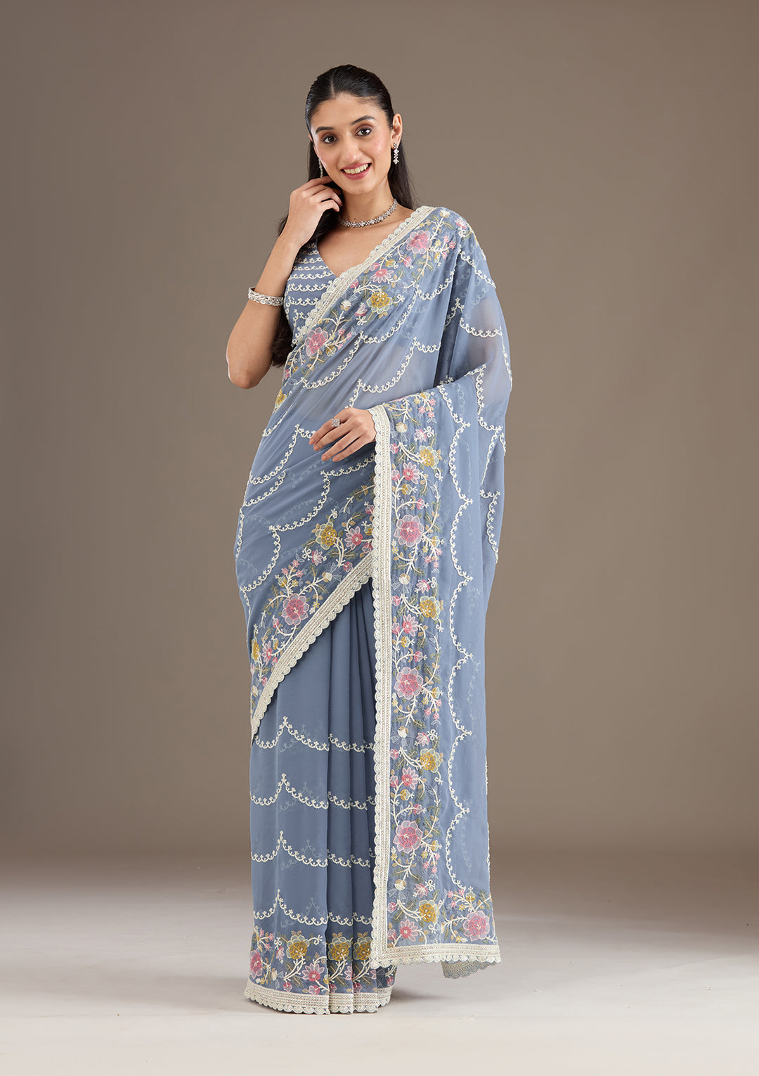 Grey Thread Work Tissue Saree