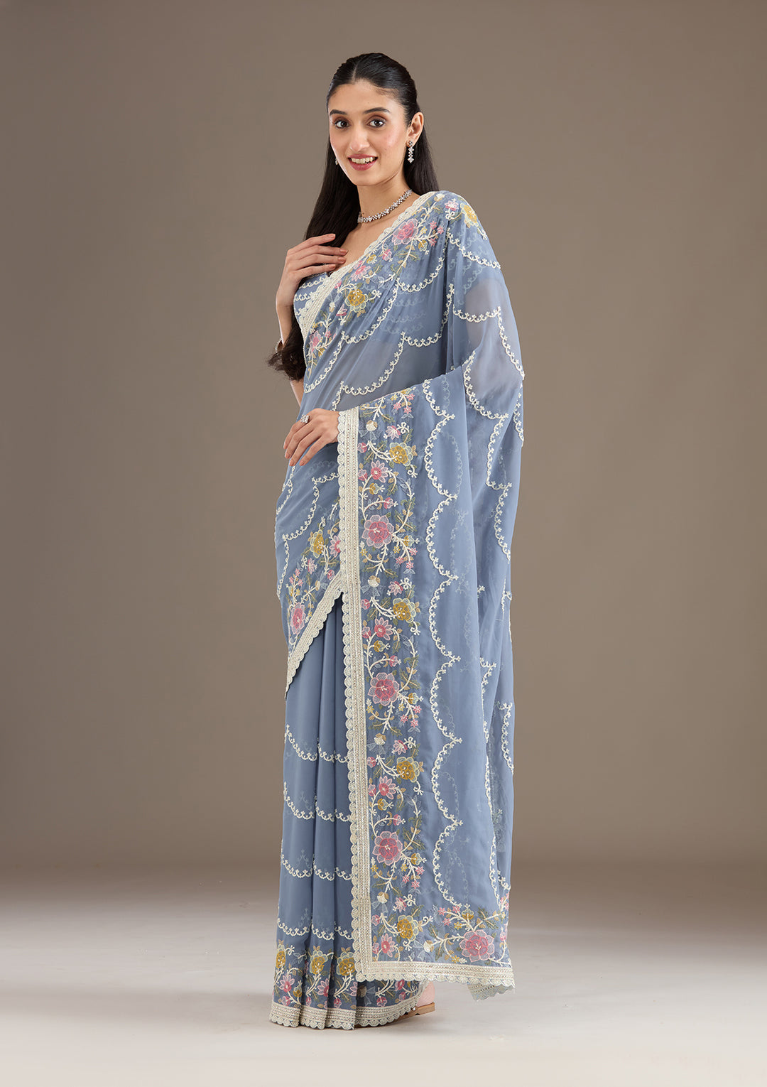 Grey Thread Work Tissue Saree