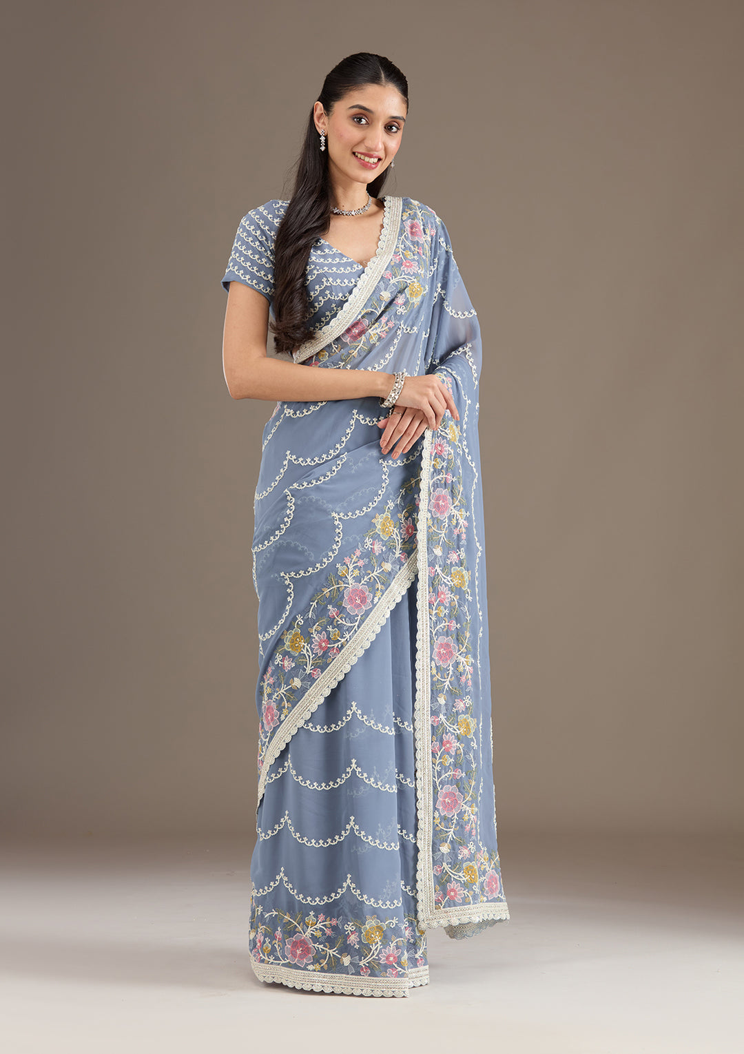 Grey Thread Work Tissue Saree