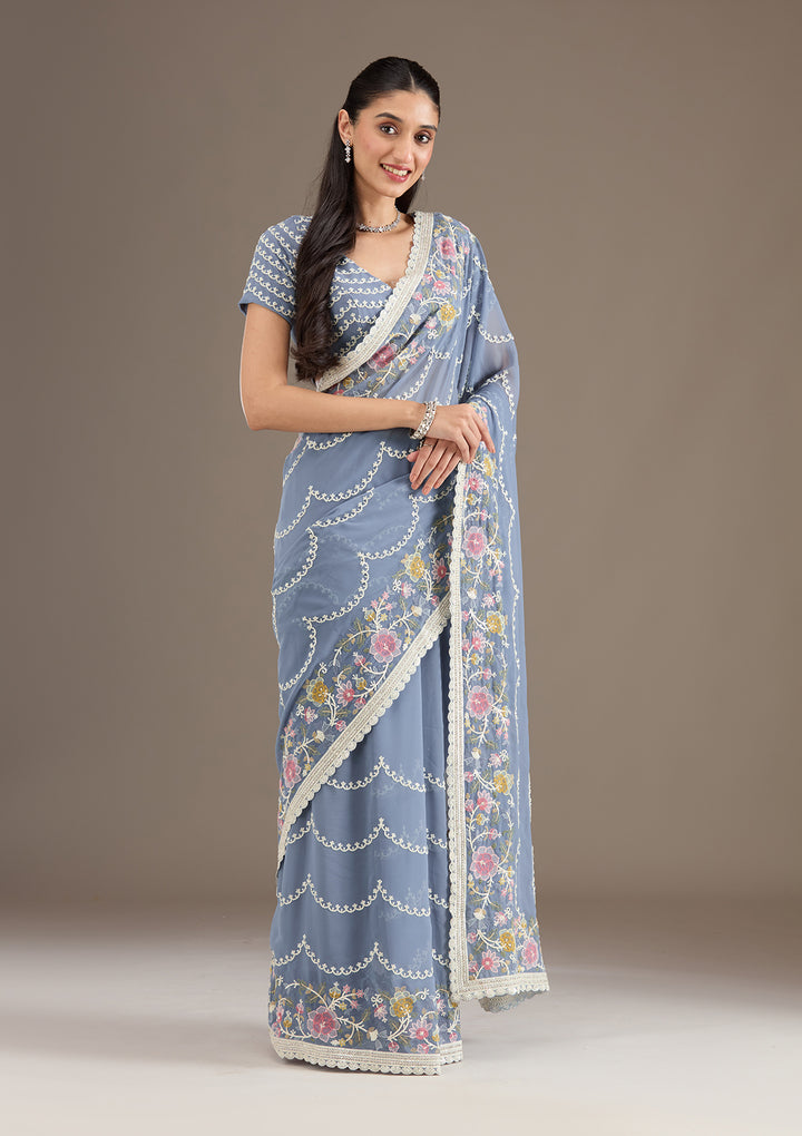 Grey Thread Work Tissue Saree