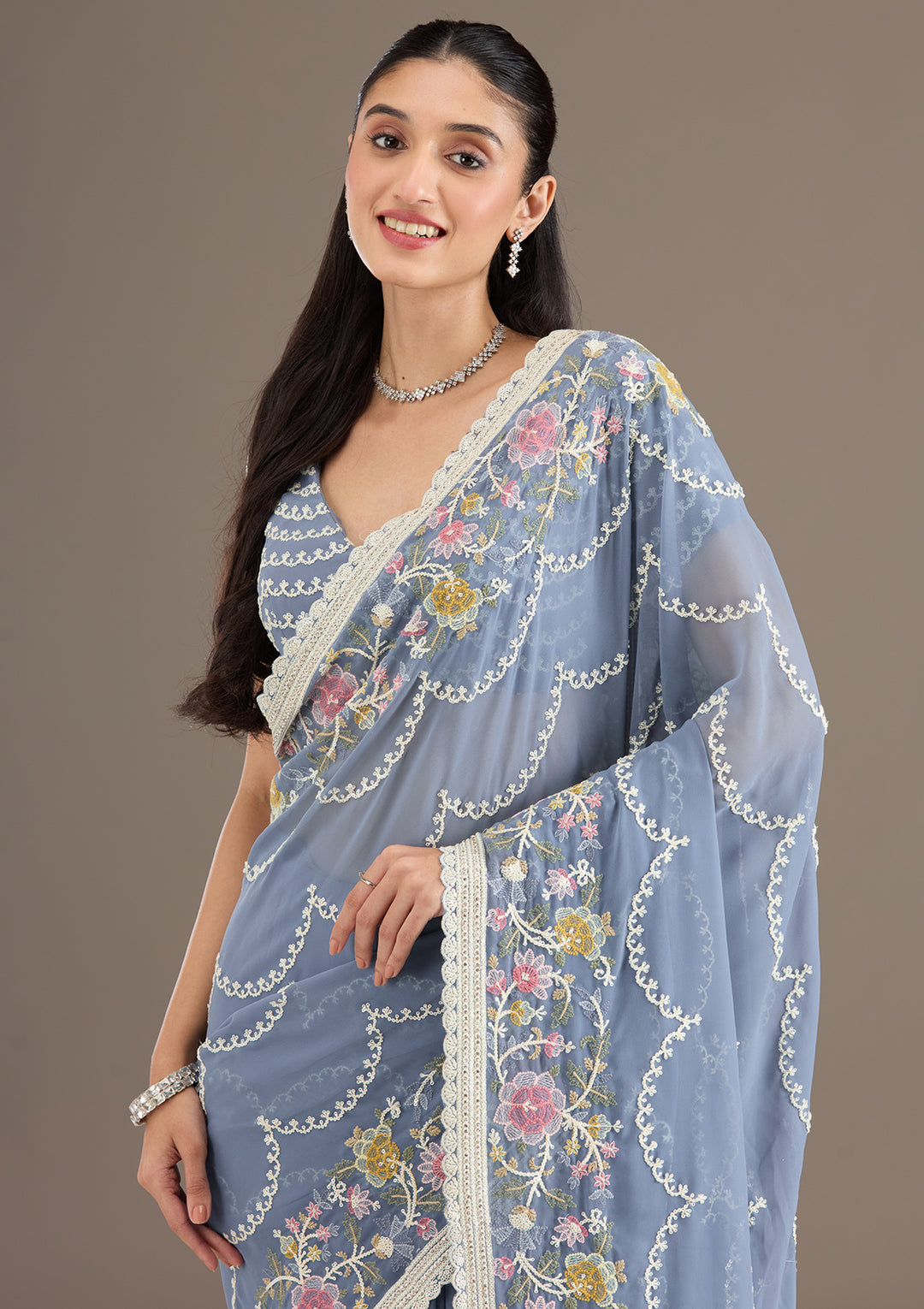 Grey Thread Work Tissue Saree