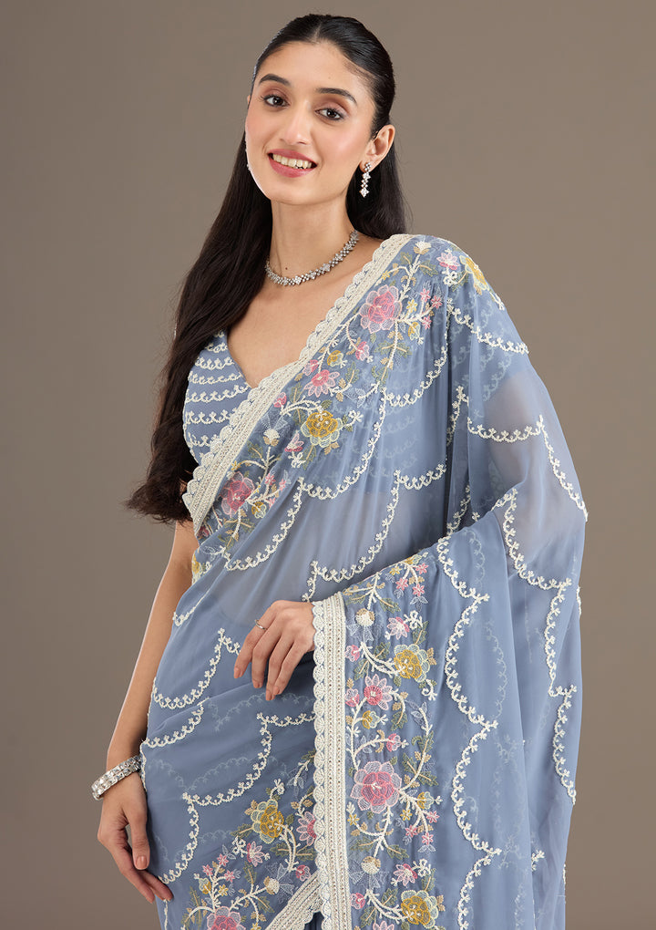 Grey Thread Work Tissue Saree