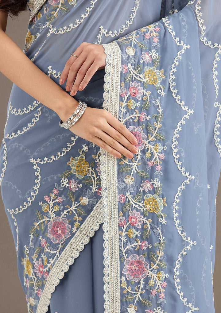 Grey Thread Work Tissue Saree