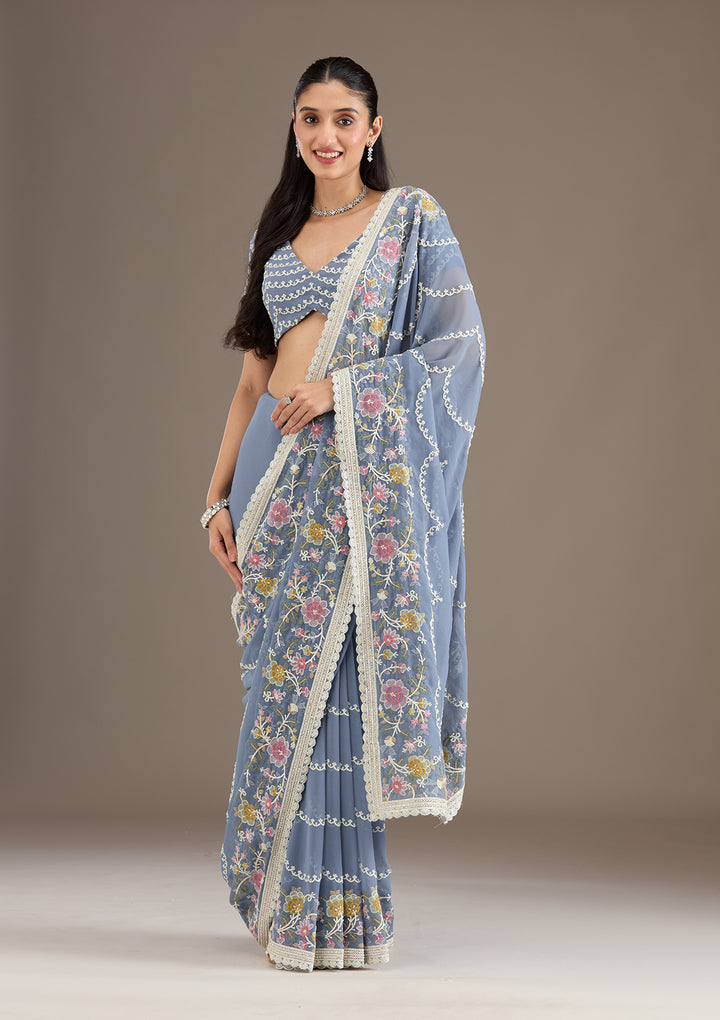Grey Thread Work Tissue Saree