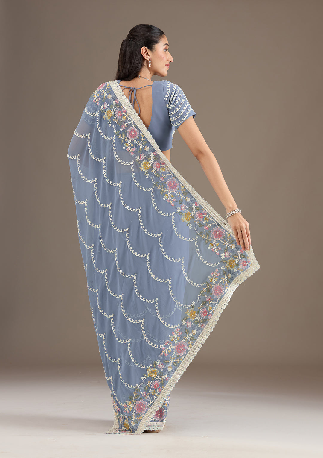 Grey Thread Work Tissue Saree