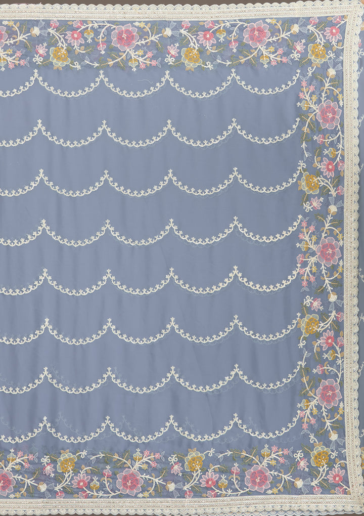 Grey Thread Work Tissue Saree