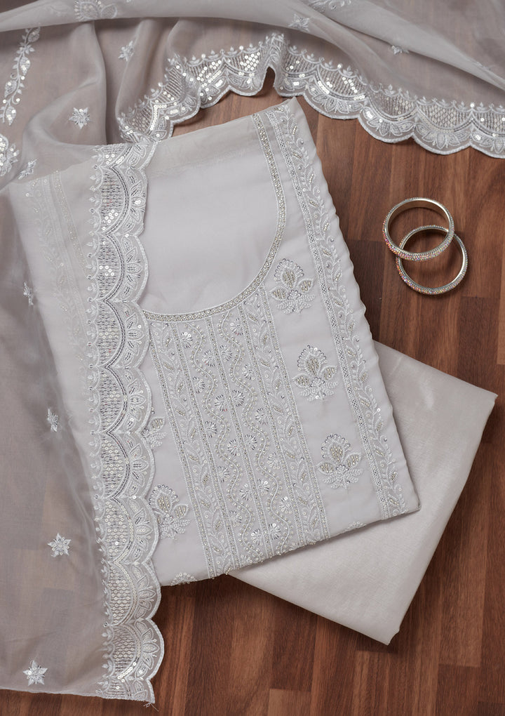 Grey Threadwork Semi Crepe Unstitched Salwar Suit