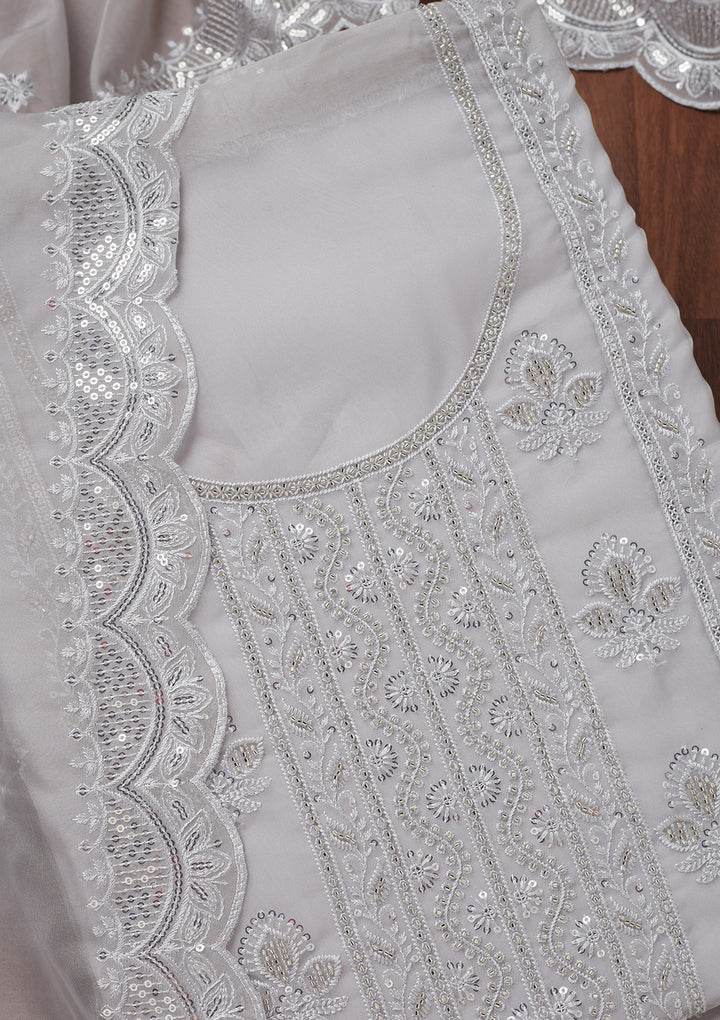 Grey Threadwork Semi Crepe Unstitched Salwar Suit