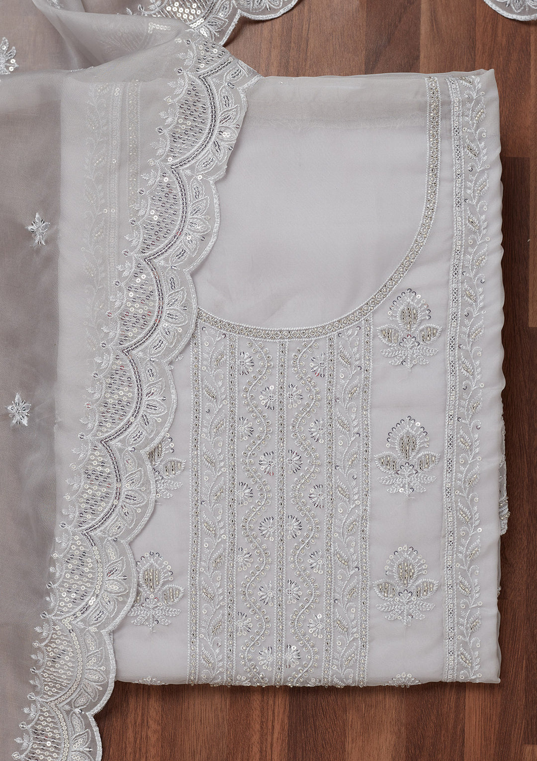 Grey Threadwork Semi Crepe Unstitched Salwar Suit