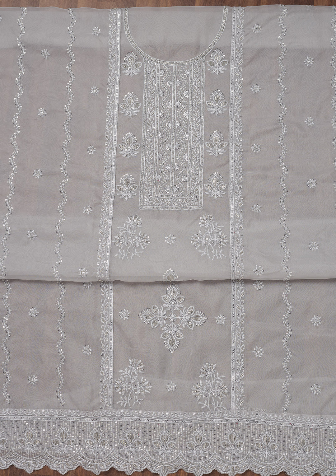 Grey Threadwork Semi Crepe Unstitched Salwar Suit