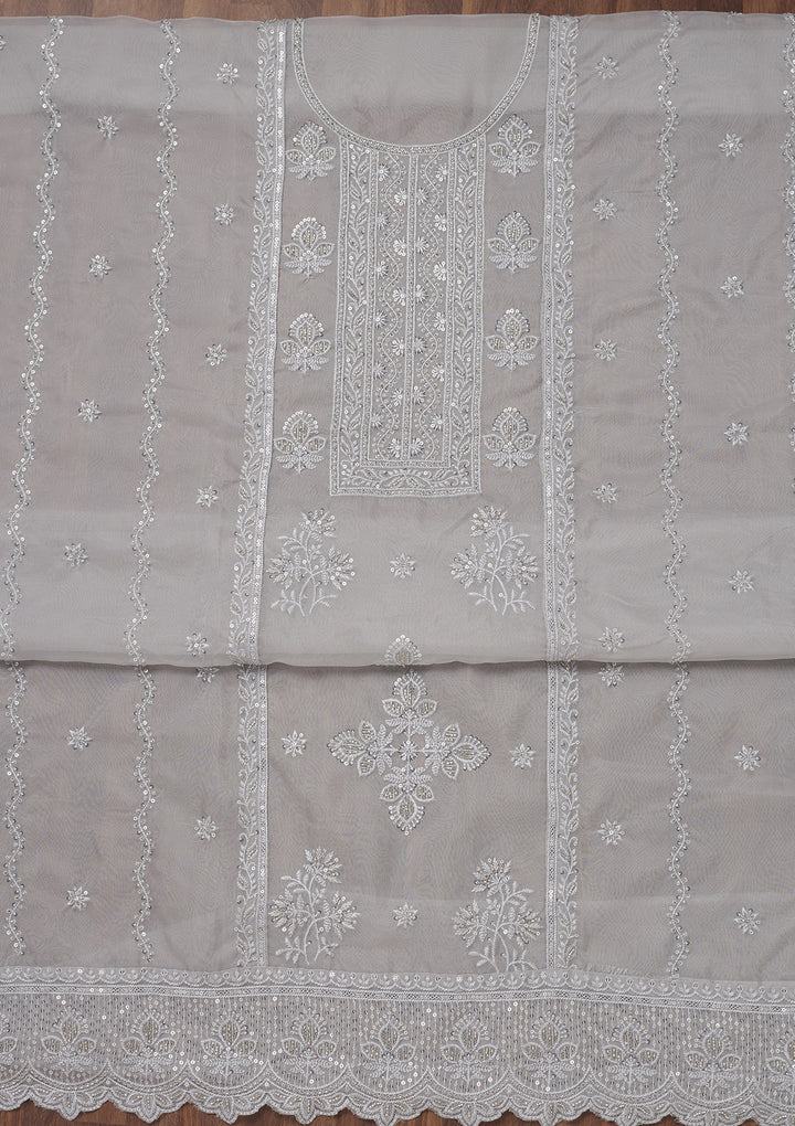 Grey Threadwork Semi Crepe Unstitched Salwar Suit