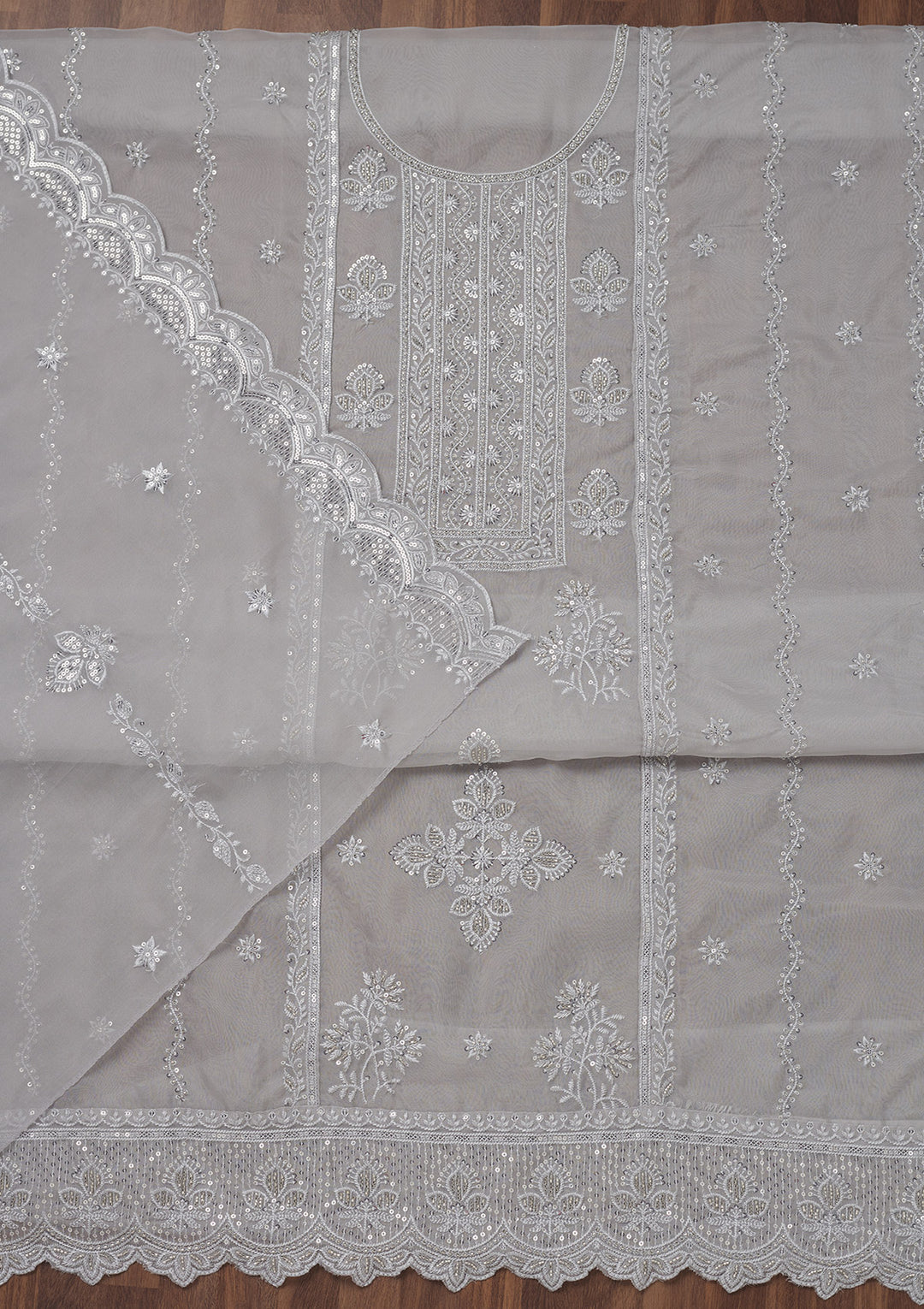 Grey Threadwork Semi Crepe Unstitched Salwar Suit