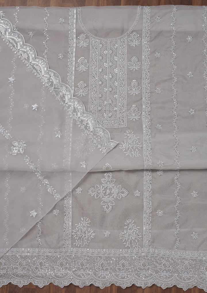 Grey Threadwork Semi Crepe Unstitched Salwar Suit