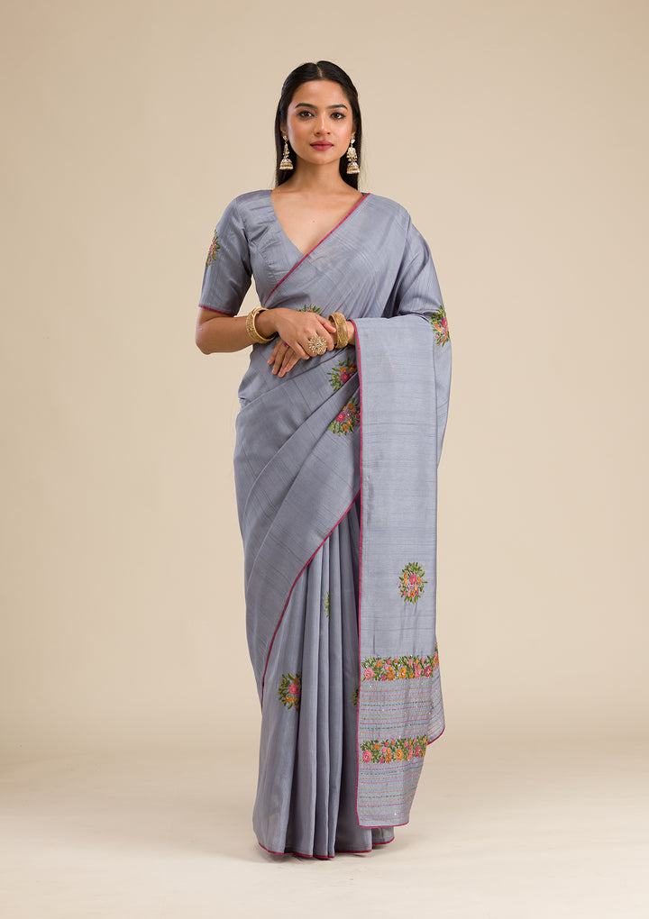 Grey Threadwork Silk Saree