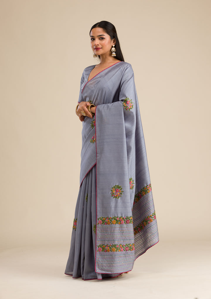 Grey Threadwork Silk Saree