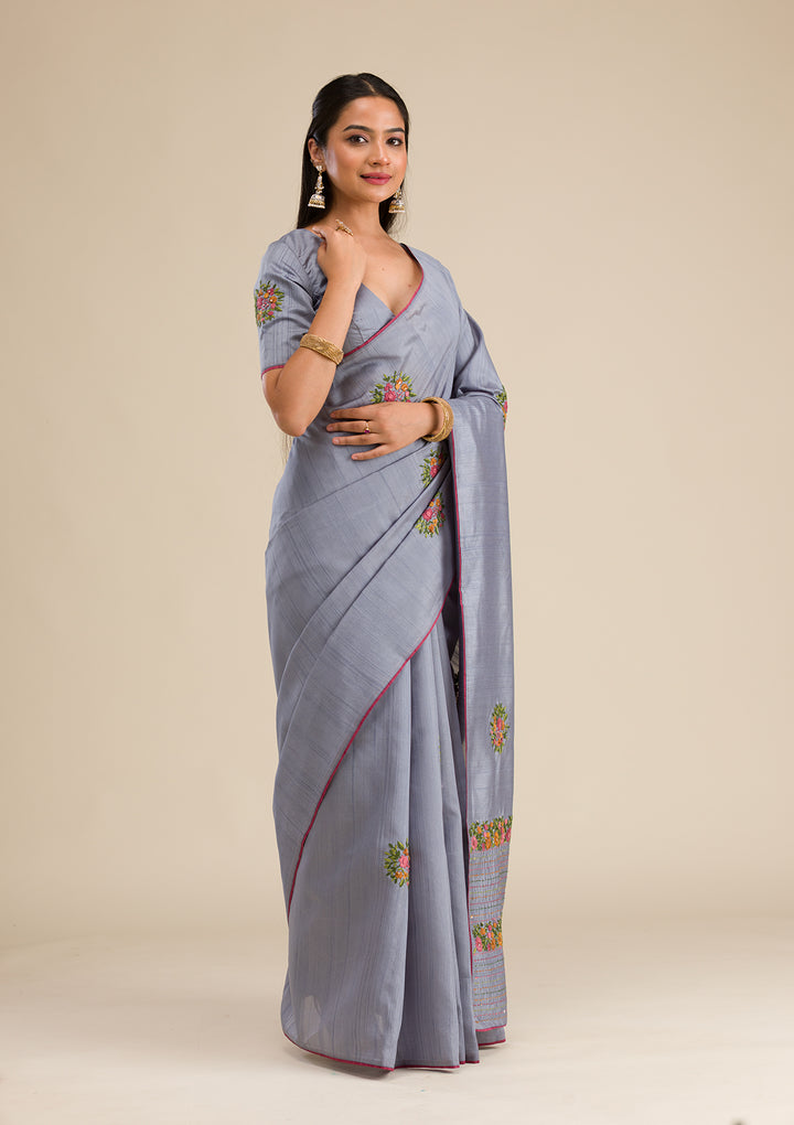 Grey Threadwork Silk Saree