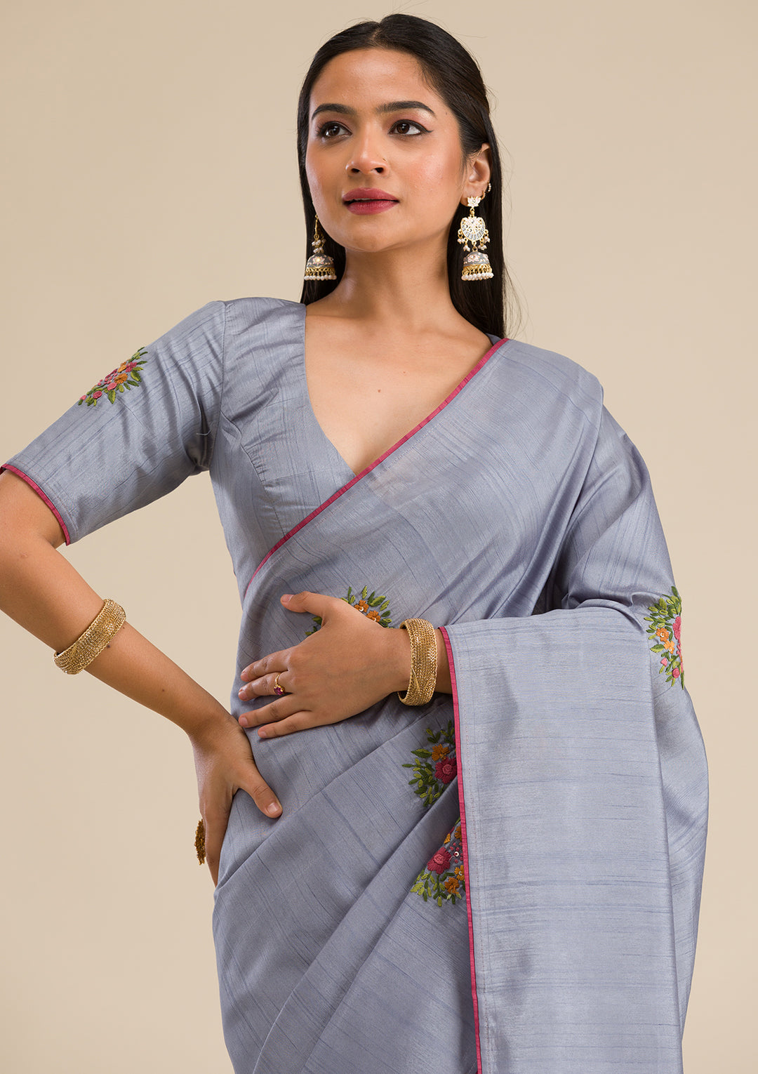 Grey Threadwork Silk Saree
