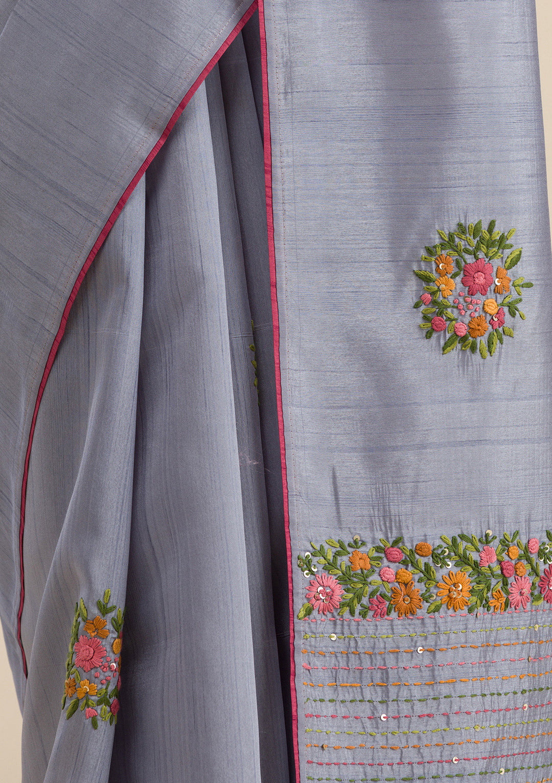 Grey Threadwork Silk Saree
