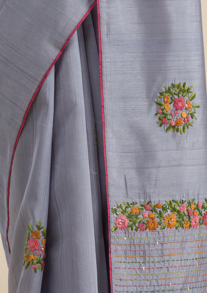 Grey Threadwork Silk Saree