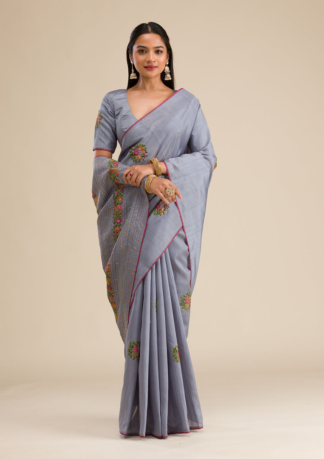 Grey Threadwork Silk Saree