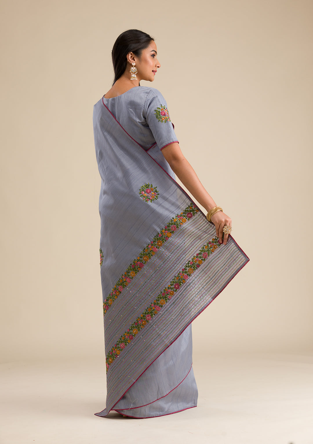 Grey Threadwork Silk Saree